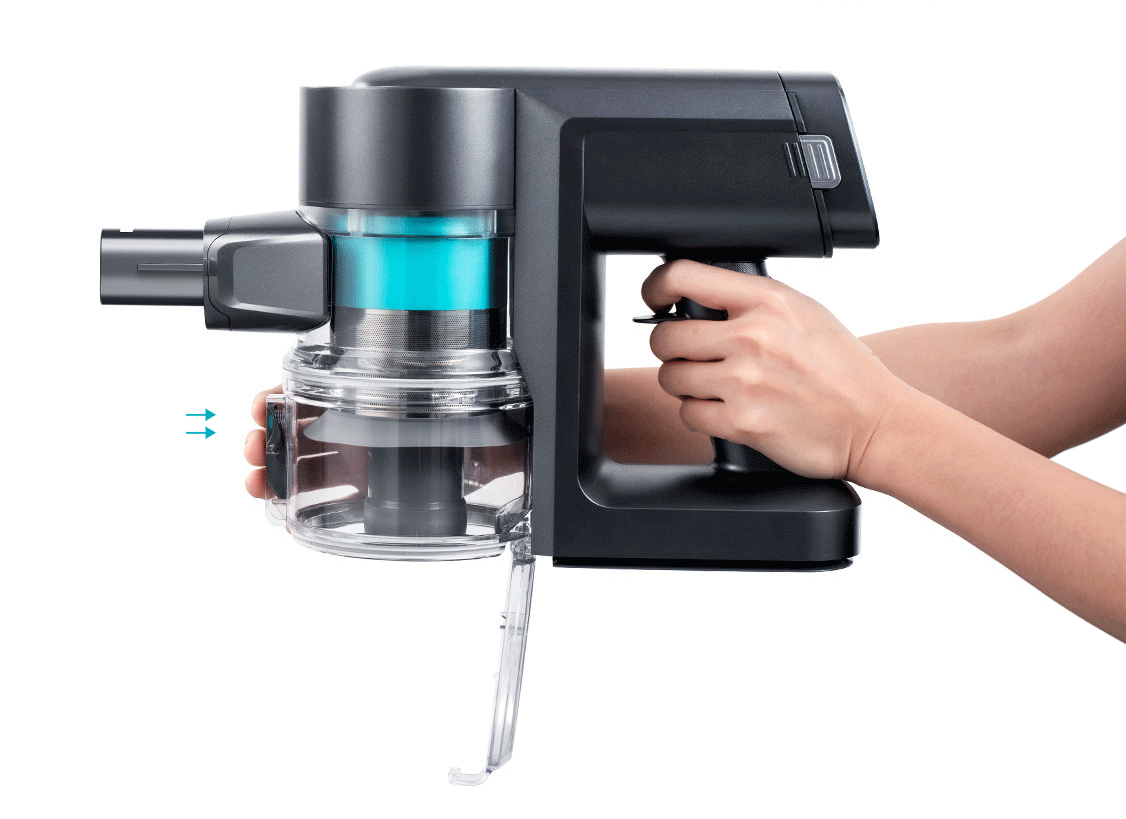 Lightly press the dust button to empty the dust box